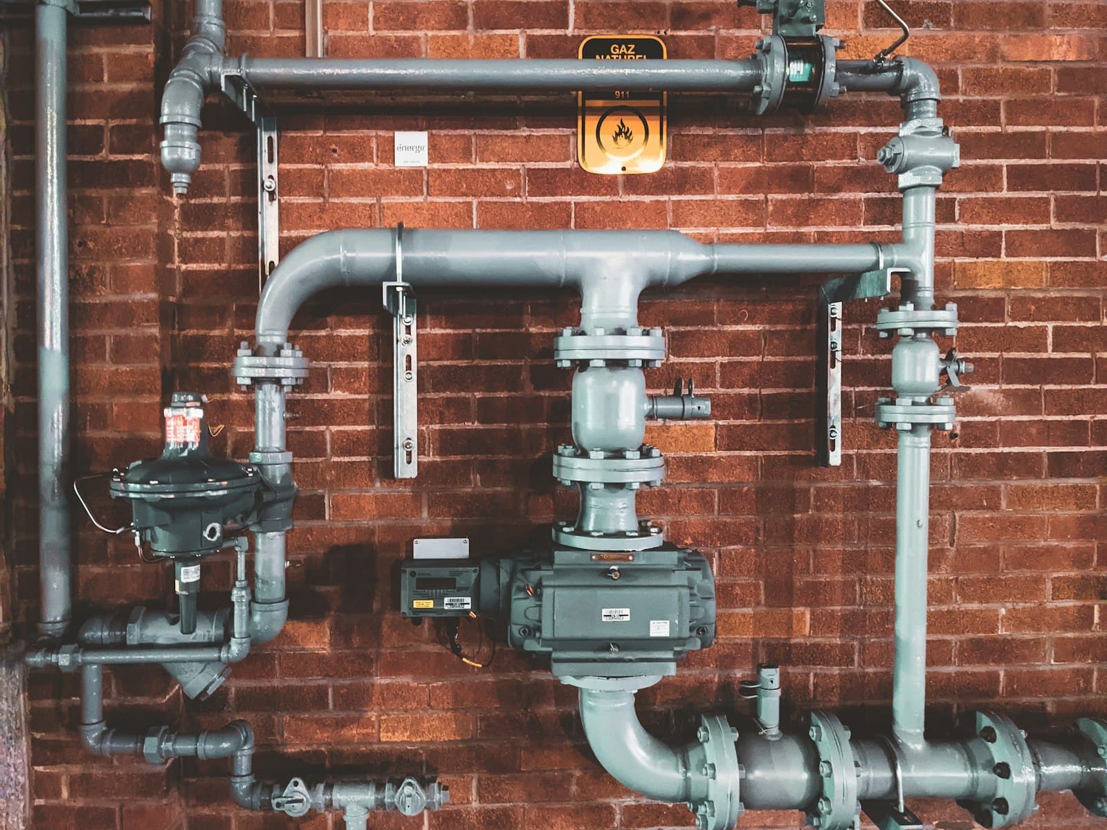 Commercial plumbing pipework on a brick wall